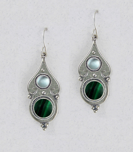 Sterling Silver Malachite And Blue Topaz Gemstone Drop Dangle Earrings